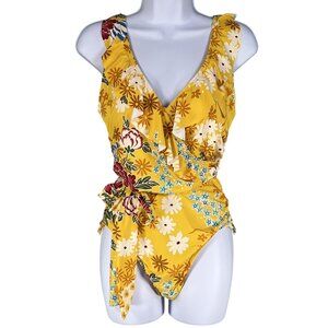 Sundance Womens M Floral Wrap Ruffle Frill One Piece Swimsuit Beachy Poolside